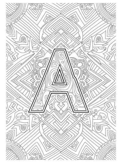 Letter A surrounded by complex optical illusion and geometric patterns, hard difficulty adult coloring page.