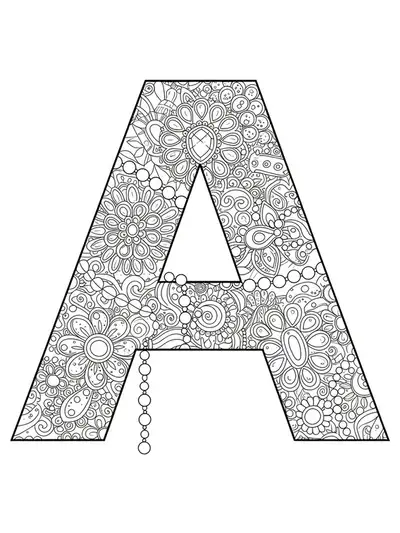 Letter A with ornate jewelry, filigree, and gemstone patterns, medium detail.