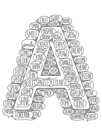 Easy coloring page of the letter A with speech bubbles containing positive words, designed for teens