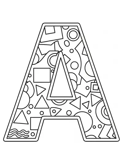 Easy coloring page of the letter A decorated with simple abstract patterns and shapes, designed for teens