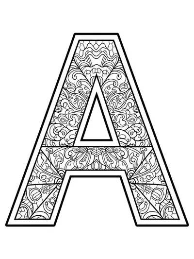 Letter A designed with intricate stained glass panel segments, hard adult coloring page.