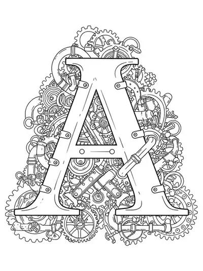 Letter A integrated with gears, pipes, and steampunk mechanisms, intricate adult hard coloring page.