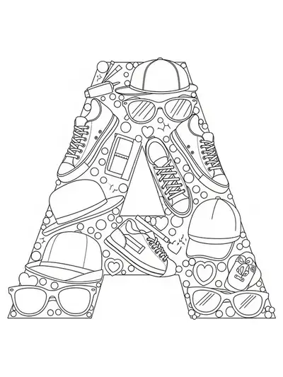 Easy coloring page of the letter A with fashion accessories like sneakers, sunglasses, and hats, designed for teens