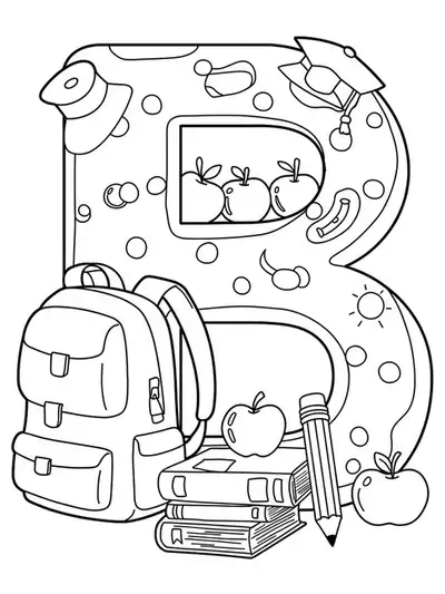 Letter B with backpack, books, pencil, and apples, medium detail