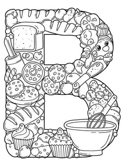 Letter B with bread, cookies, cupcakes, and baking tools, medium detail