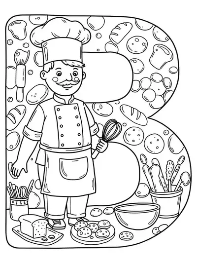 Letter B with a baker, bread, cookies, and mixing bowls, medium complexity coloring page for preschool.