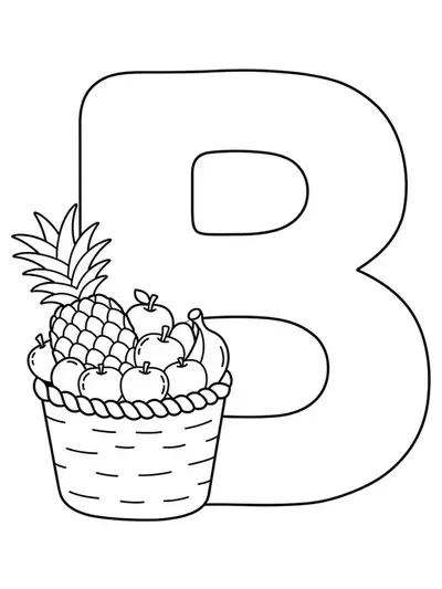 Line art of a large letter B with a basic fruit basket, suitable for preschool coloring.