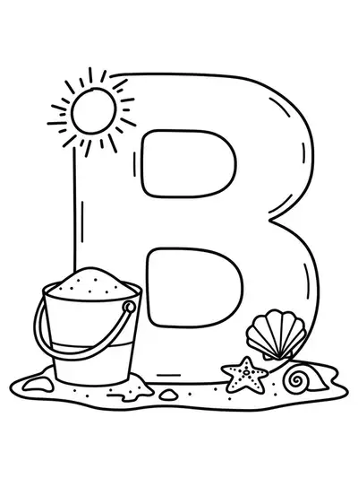 Coloring page with a large letter B, a sand bucket, sun, and seashells for preschool children.