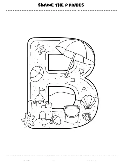 Letter B with a beach scene: sandcastle, bucket, umbrella, seashells, in medium detail for preschool.