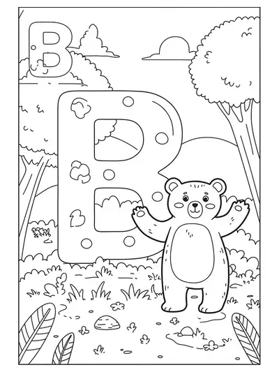 Line art of a large letter B with a friendly bear beside it in a simple forest setting.