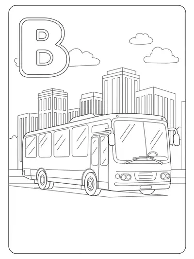 Letter B with a big bus and city buildings, medium detail coloring page
