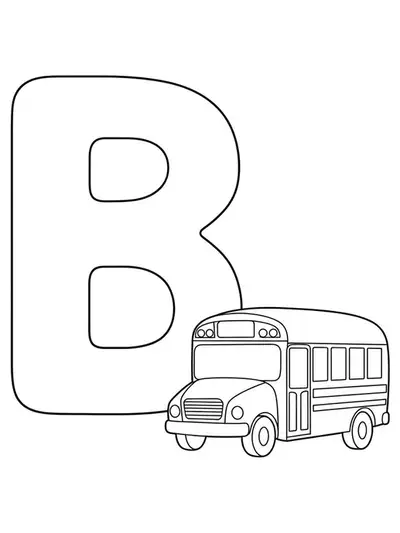 Large letter B next to a simple school bus illustration, easy for preschoolers to color.