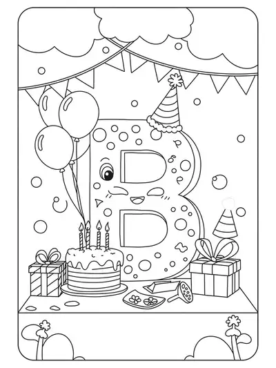 Letter B with birthday cake, balloons, and party decorations, medium detail