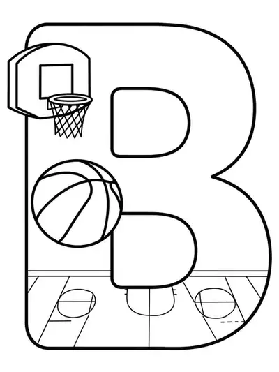 Letter B with a basketball, hoop, and court lines, medium difficulty coloring page for preschool.