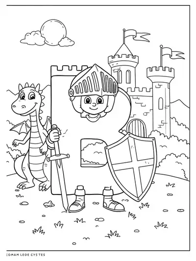 Letter B as a knight with a dragon and castle, medium detail