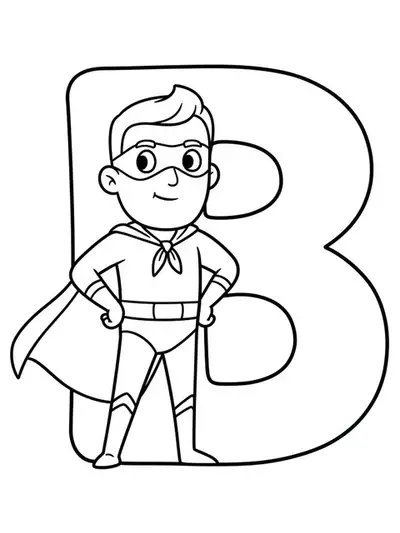 Line art of a large letter B and a friendly superhero character for young children to color.