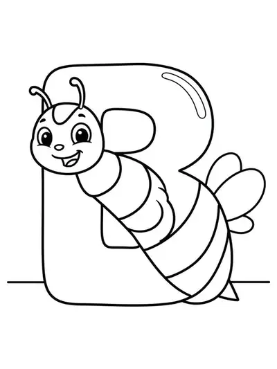 Simple coloring page with a large letter B and a smiling bumblebee, designed for preschoolers.