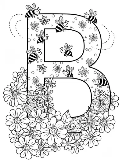 Letter B with bees and flowers, medium detail coloring page for kids