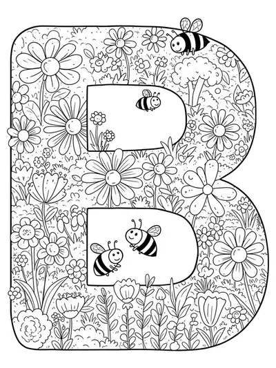 Printable coloring page with the letter B, bees, and flowers in a garden, medium detail for preschoolers.