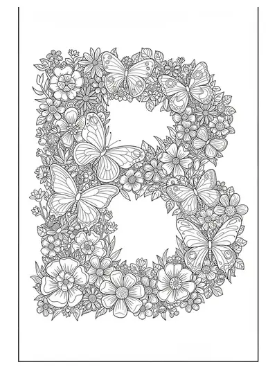 Letter B surrounded by butterflies and flowers, medium detail