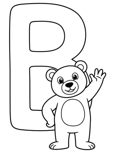 Large letter B next to a smiling cartoon bear waving, both with simple outlines.