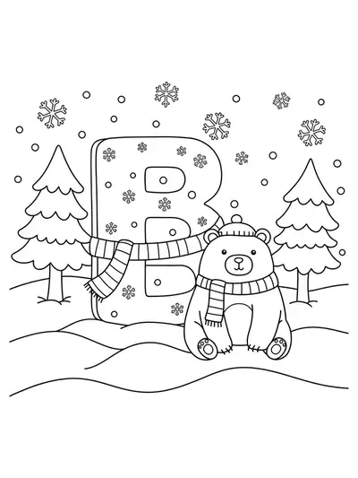 Letter B with a winter bear, snowflakes, and pine trees, medium detail