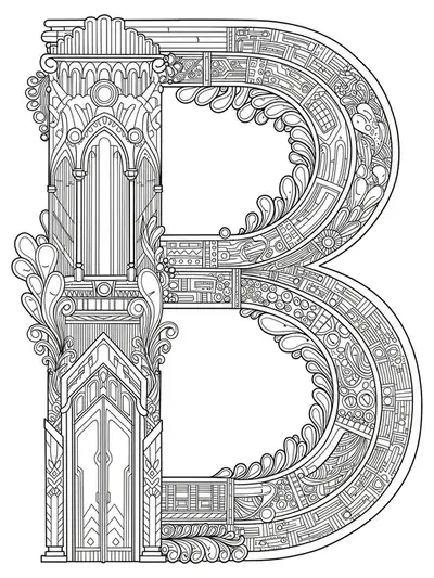 Letter B constructed with complex Art Deco architectural elements and geometric patterns for adult coloring.