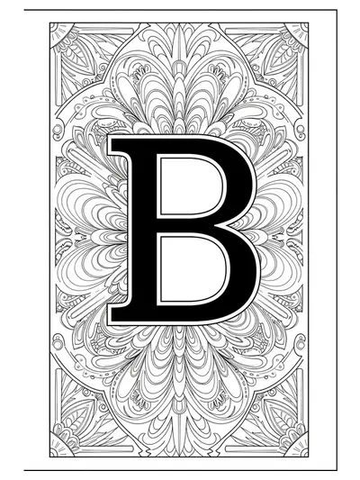 Adult coloring page with a large letter B framed by Art Deco geometric patterns and elegant detailing.