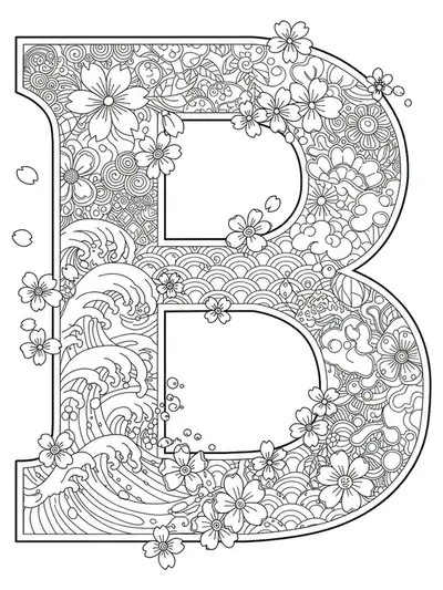 Adult coloring page with letter B surrounded by Asian-inspired patterns like waves, cherry blossoms, and lattices.