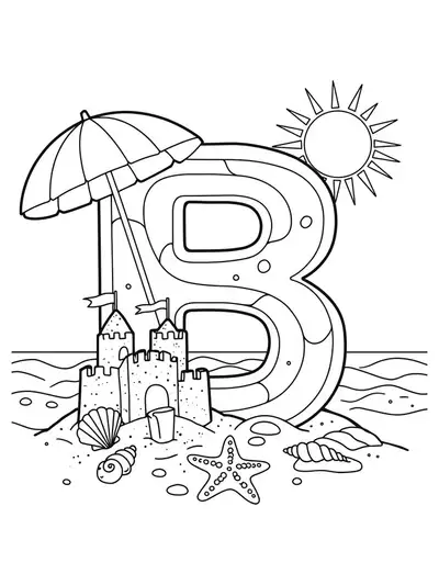 Letter B with beach scene, including sandcastle, seashells, and sun, medium detail