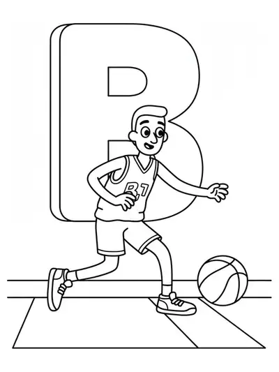 Letter B dribbling basketball on a court, medium detail coloring page