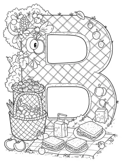 Line art of the letter B with baskets of berries, sandwiches, juice boxes, and picnic blanket.
