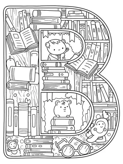 Intricate line art of the letter B with books, shelves, bookmarks, and reading glasses.