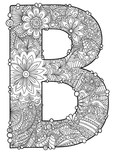 Intricately patterned letter B formed by symmetrical mandala and botanical elements for adult coloring.