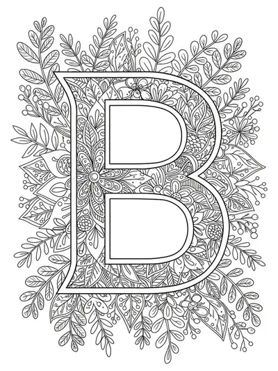Medium complexity adult coloring page with the letter B surrounded by mandala floral and leafy patterns.