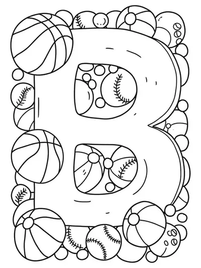 Line art of the letter B with various detailed sports balls bouncing around it.