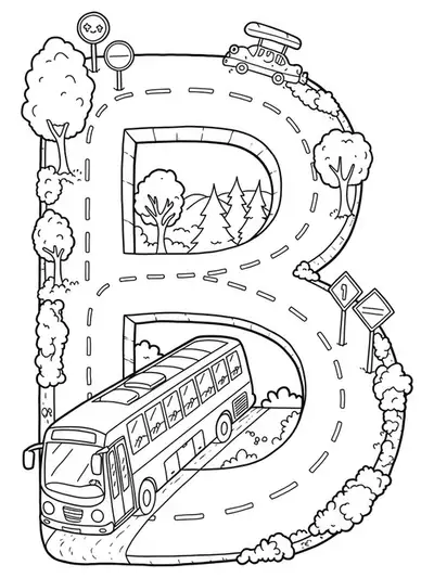 Line art of the letter B with a detailed bus, winding road, trees, and road signs.