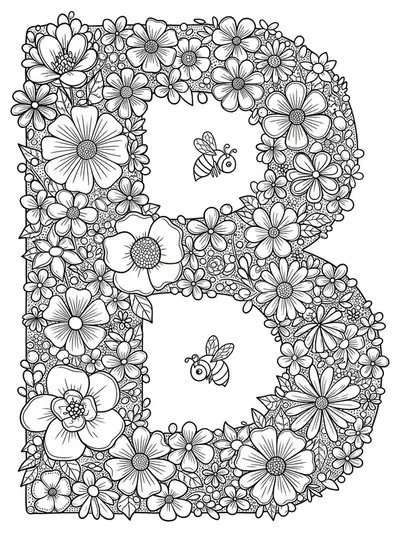 Intricate line art of the letter B surrounded by detailed bees and flowers in a garden.