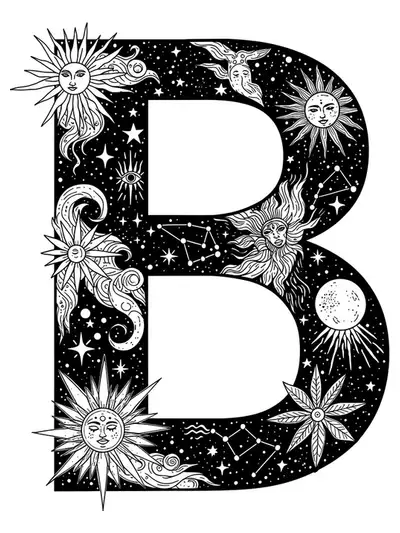 Letter B embellished with intricate celestial motifs including stars, moons, and cosmic patterns for adult coloring.