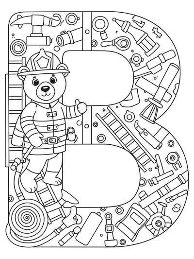 Detailed line art of the letter B with a firefighter bear, hoses, ladders, and safety equipment.