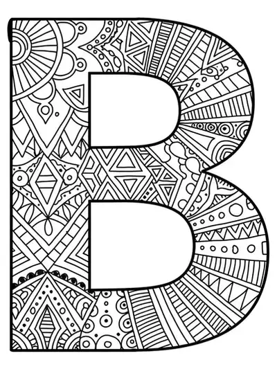 Medium complexity adult coloring page featuring the letter B filled with intricate geometric patterns.