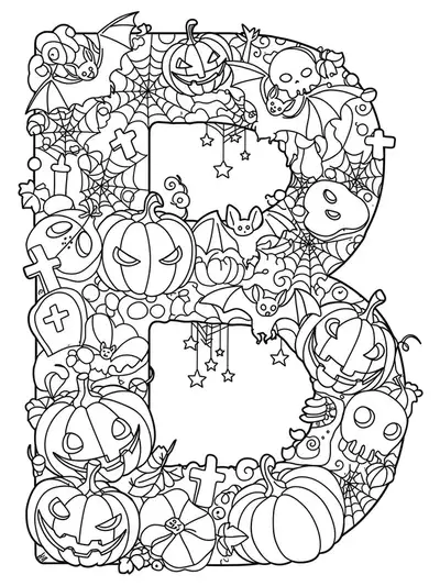 Intricate line art of the letter B with bats, pumpkins, spider webs, and Halloween decorations.