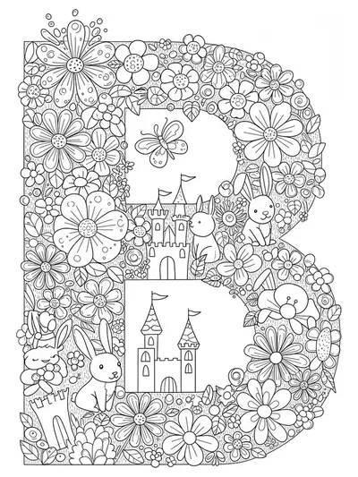 Intricate scene of the letter B with bunnies, castle towers, gems, and fantasy flowers.