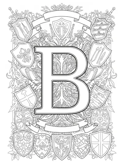 Adult coloring page with letter B surrounded by shields, banners, and medieval heraldic designs.