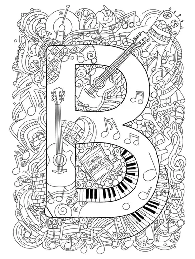 Medium difficulty adult coloring page featuring the letter B decorated with music notes and instrument outlines.