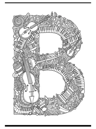 Letter B filled with elaborate musical instruments, notes, and swirling staff lines for hard adult coloring.
