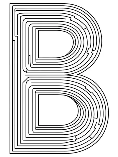 Letter B composed of challenging optical illusion and labyrinth patterns for advanced adult coloring.