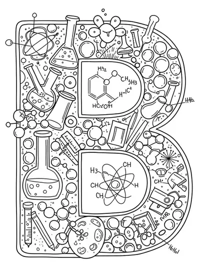 Adult coloring page with letter B surrounded by beakers, molecules, and science symbols.