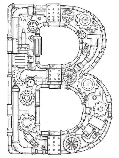 Letter B filled and surrounded by intricate steampunk gears, cogs, and pipes, designed for hard adult coloring.
