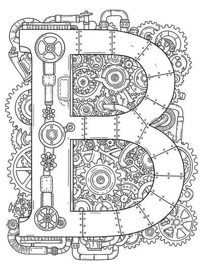 Adult coloring page with letter B embellished with interconnected steampunk gears, pipes, and rivets.